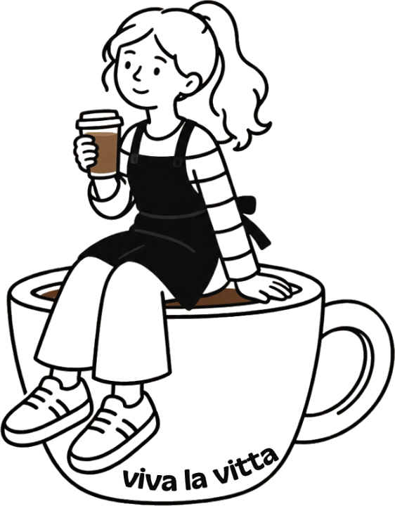 Ilustración de la barista sentada en una taza que dice viva la vitta